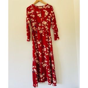 Red Floral Print Long Sleeve Maxi Dress